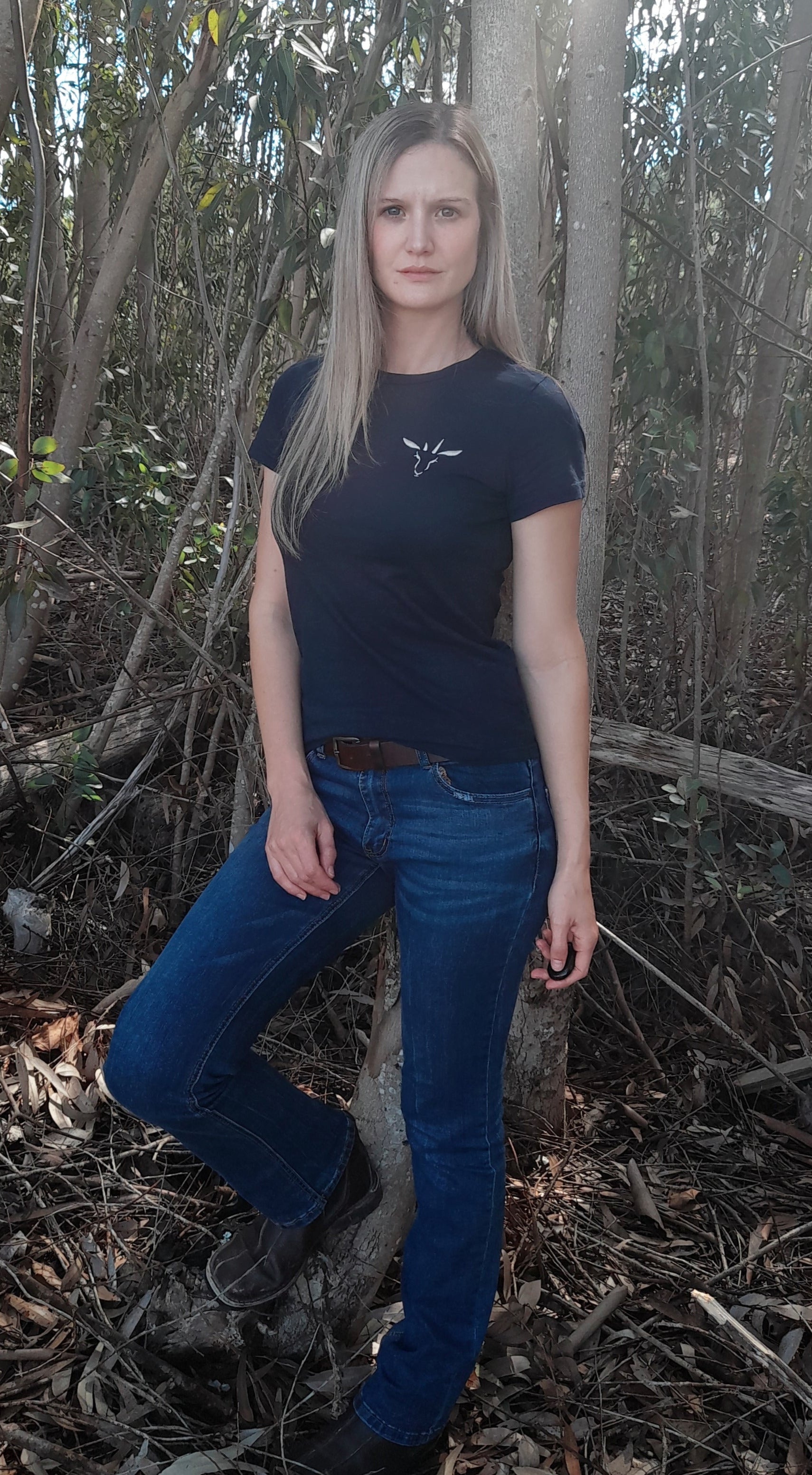 Navy ladies PenBok t-shirt with embroidered logo, made from 100% cotton, inspired by Penny the Springbok
